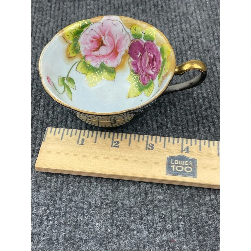 VTG. Merit Occupied Japan Tea Cup Black Polka Dot Pink Rose Gold Gilt Porcelain